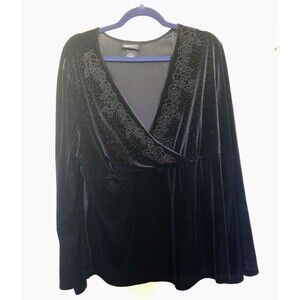Lane Bryant Black Velour Embroidered Floral Top 18/20 Plus Surplice Neckline